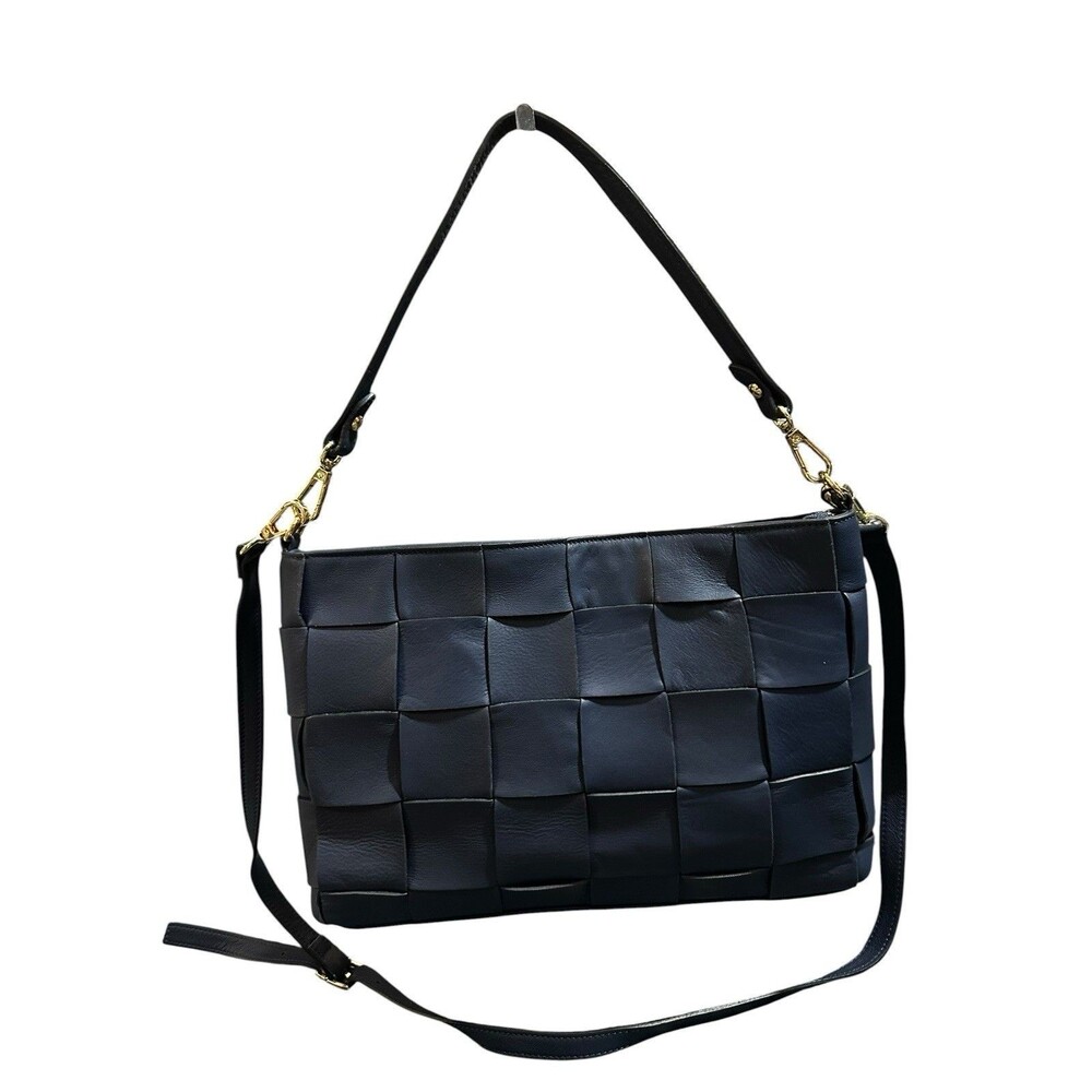 Anna Paola Purse Dark Blue Basket Weave Leather Shoulder/Crossbody Bag, Italy